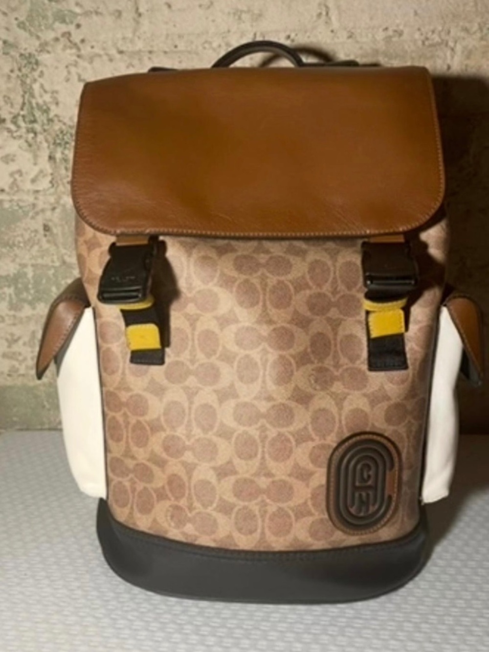 Coach Signature Brown /Tan/Black Leather Backpack Monogram Canvas Unisex